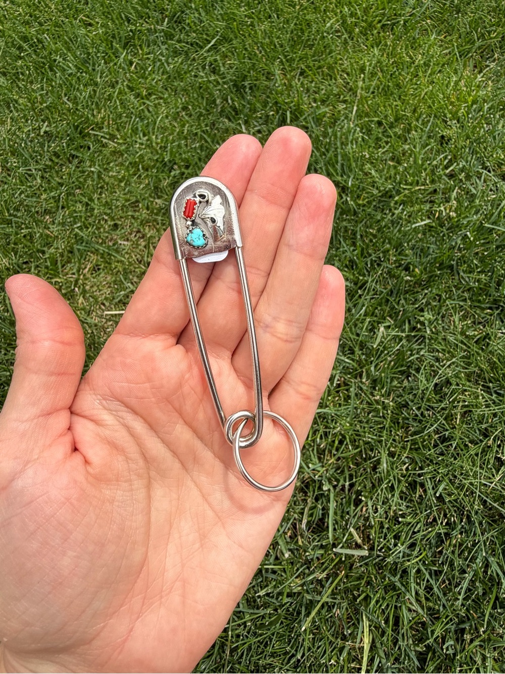 Navajo Handmade Turquoise and Coral Keychain Safety Pin - Linda Yazzie 3”